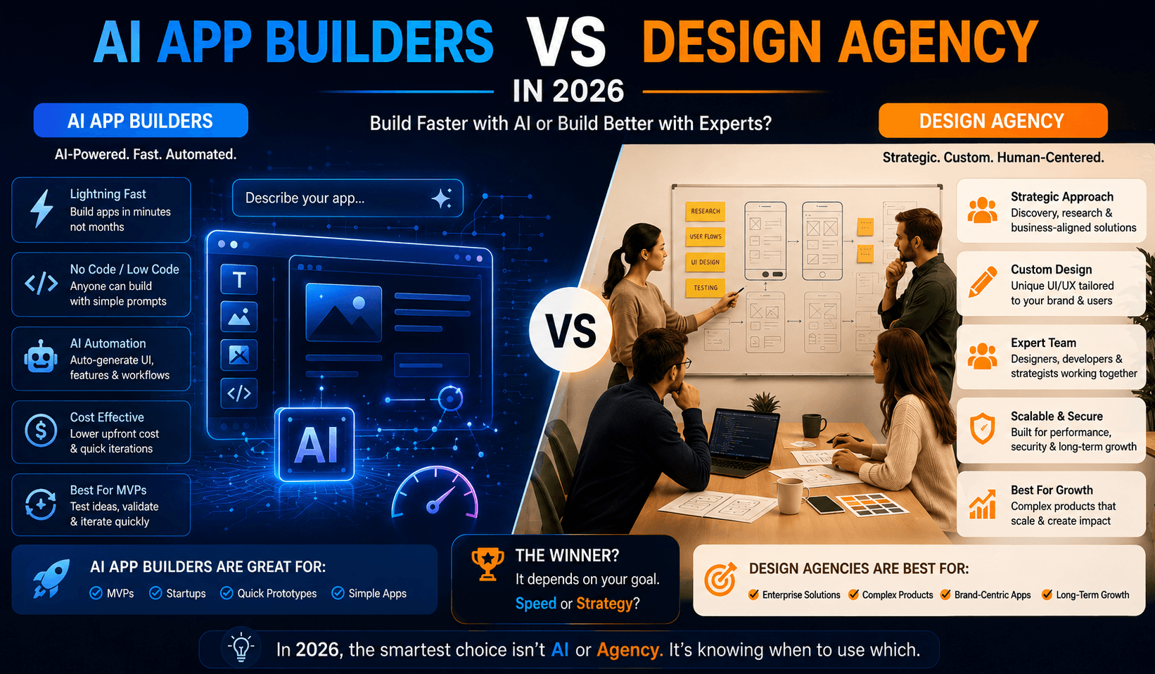 AI app builders vs design agency in 2026